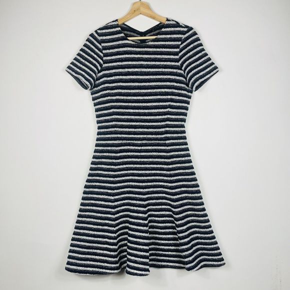 Theory Blue White Stripe Short‎ Sleeve Flare Boucle Albita Guarda Dress Womens 6 - Picture 1 of 11